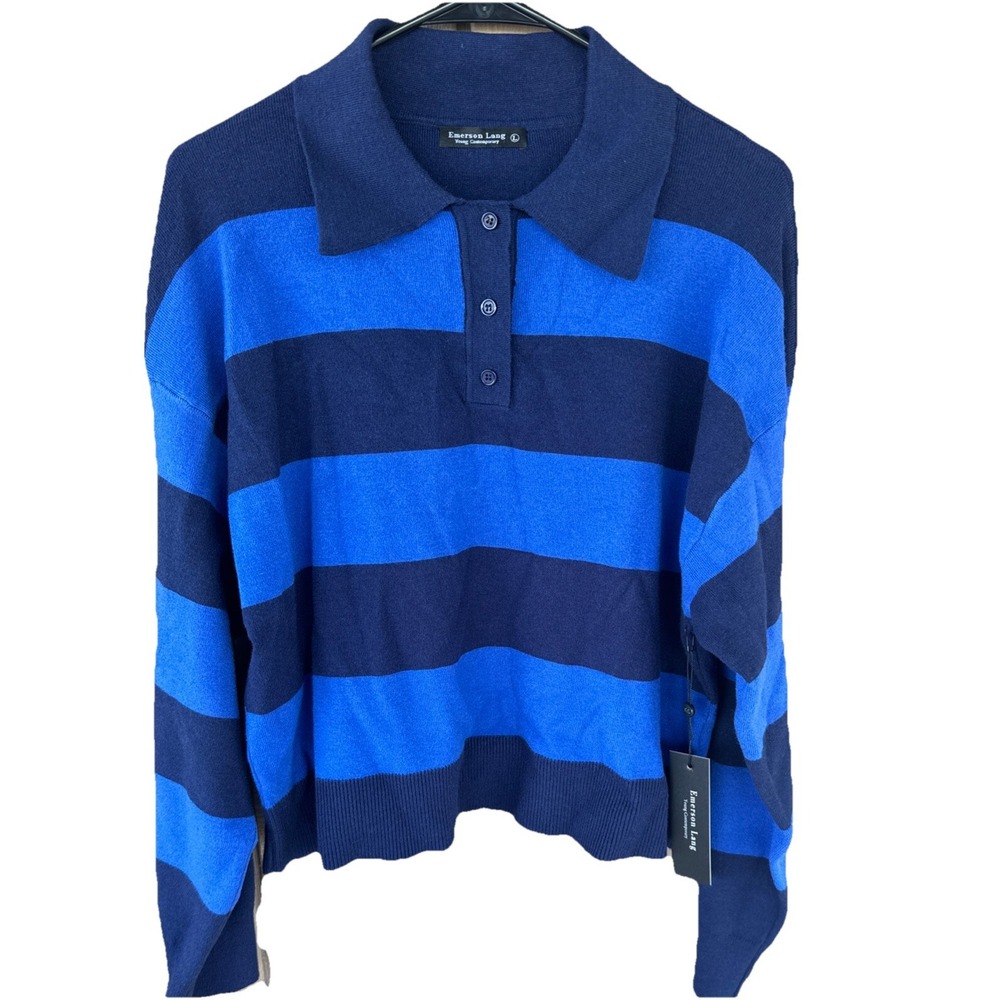 NWT Emerson Lang Striped Navy Blue Long Sleeve Cropped Sweater Size L NICE!!